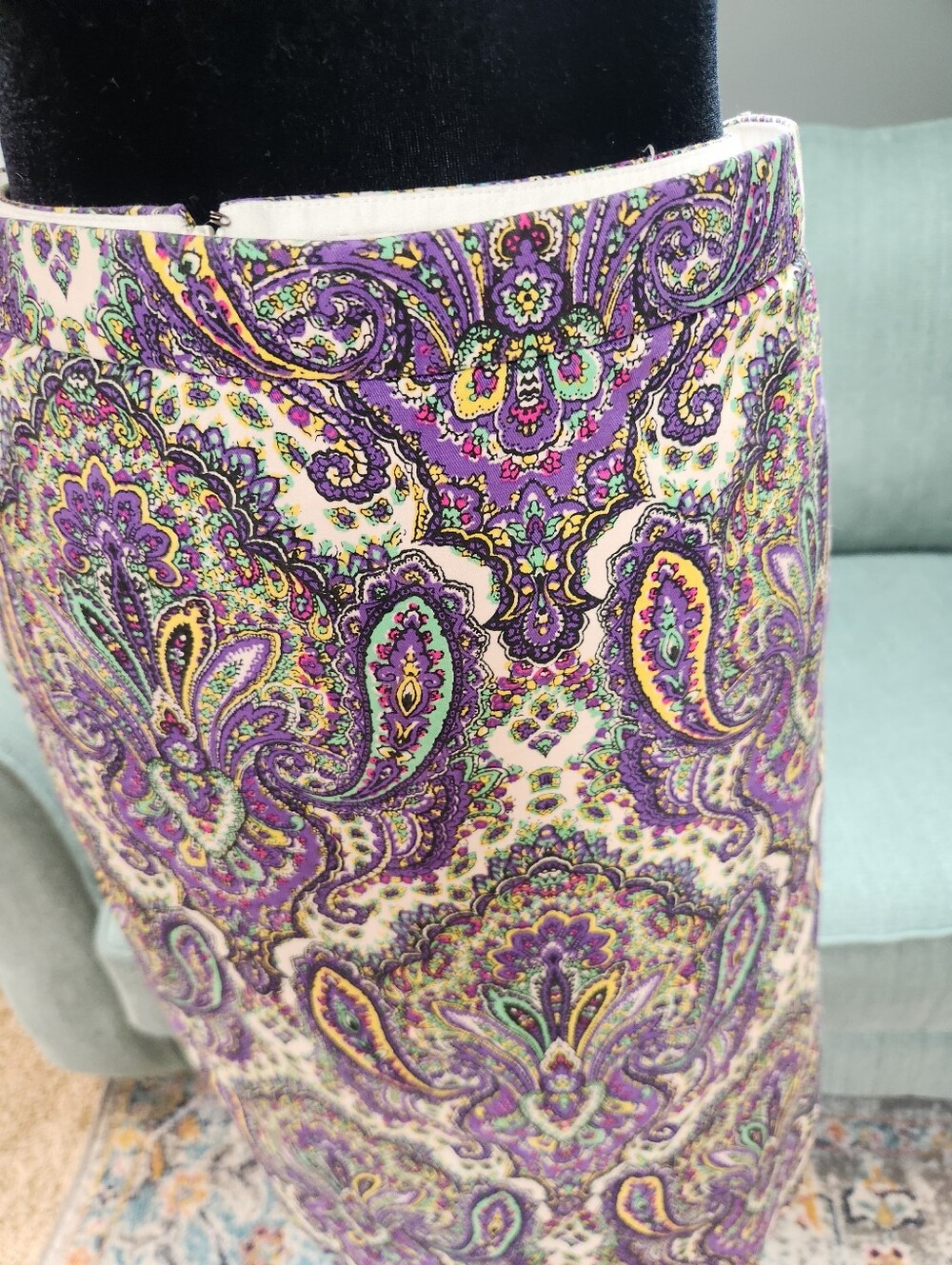 J Crew Purple Paisley Pencil Skirt Yellow & Grewn AccentsSize 12 Great Condition - Picture 4 of 11